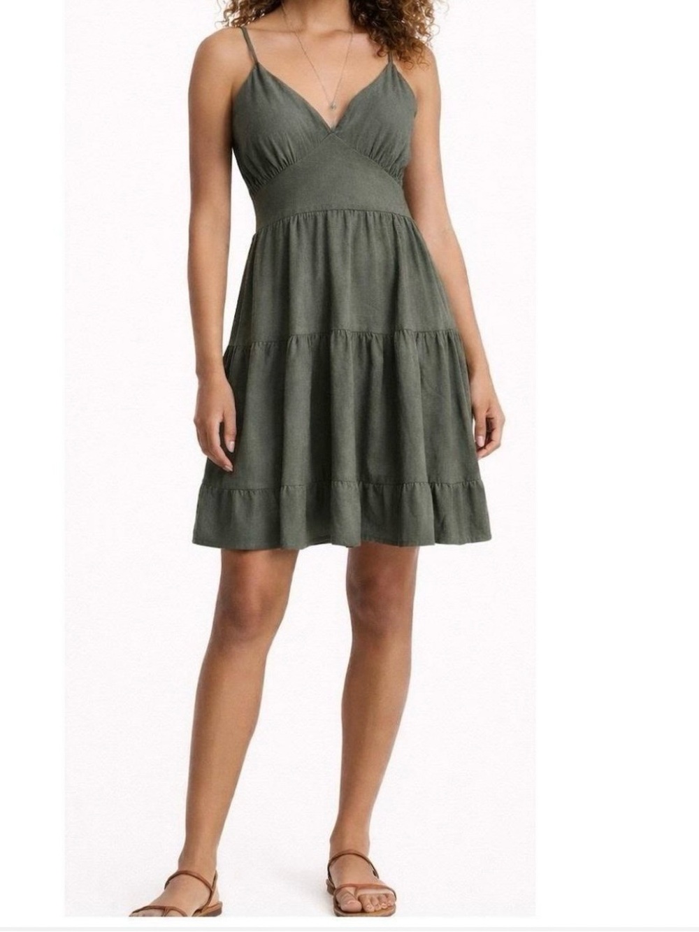 MONTEAU Boho Green Linen Blend Tiered Babydoll Mini Party Sundress Large